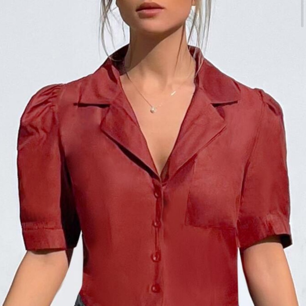 SHEIN Puff Sleeve Button Down Blouse in Brick, Size Small, EUC
